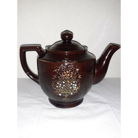 Vtg. Brown Moriage 1940s Handpainted Floral Teapot and Lid Gold Trim Japanese - Picture 1 of 12
